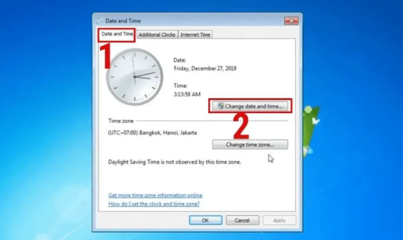 Cửa sổ Date and Time trên Windows 7