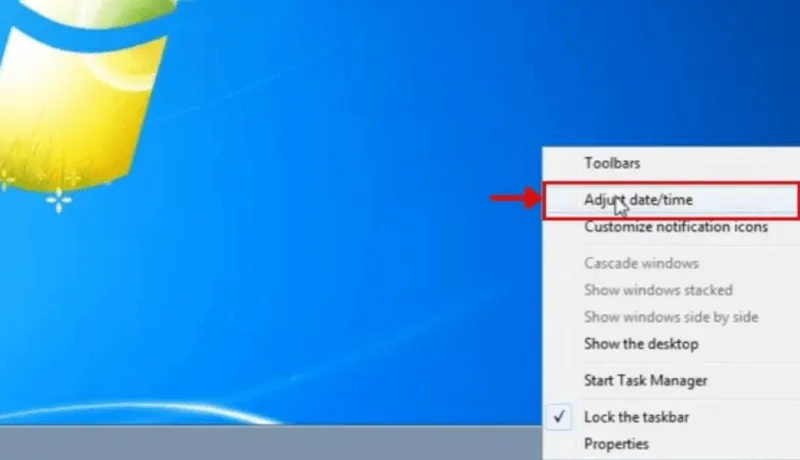 Giao diện thanh Taskbar và tùy chọn Adjust date time