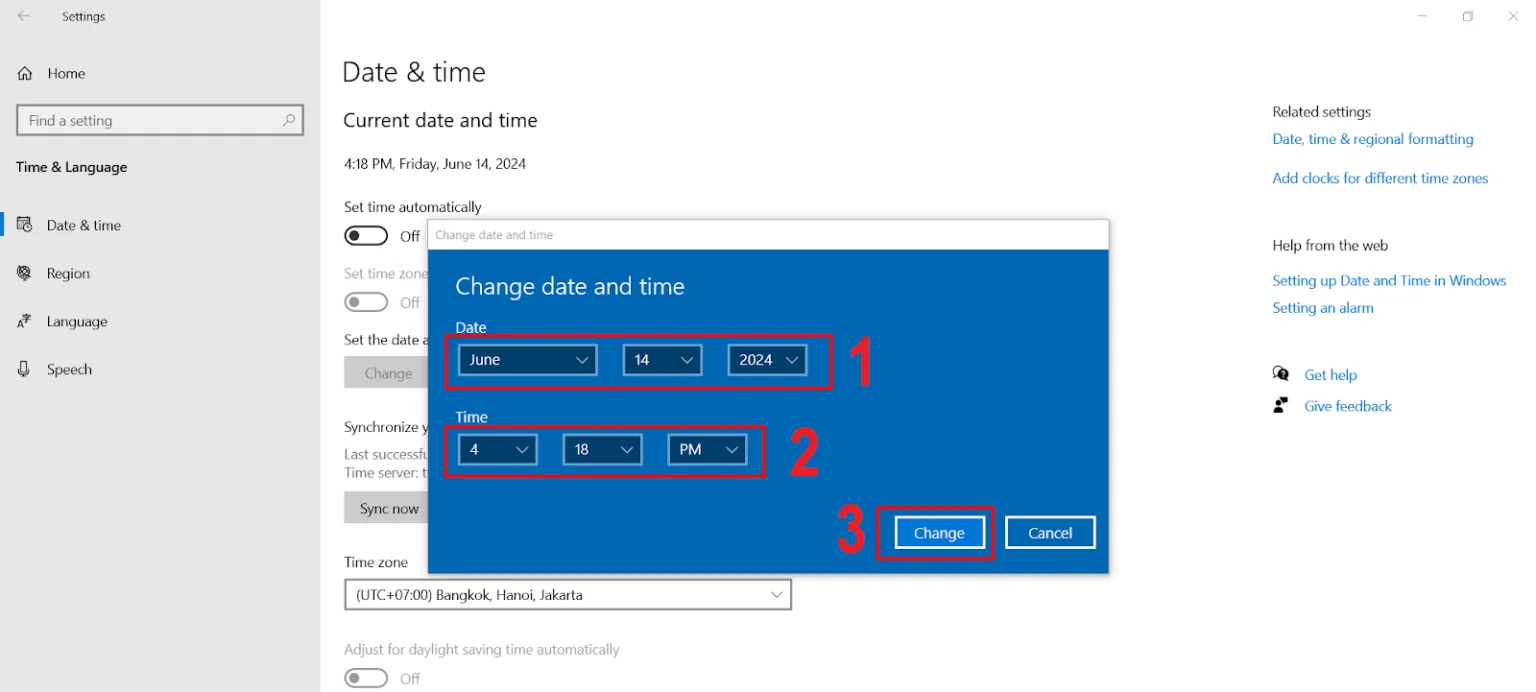 Giao diện thay đổi thông số ngày giờ thủ công