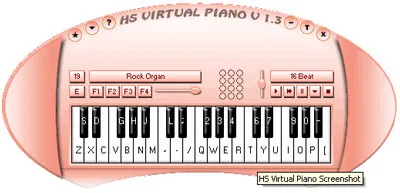 Giao diện phần mềm HS Virtual Piano hiển thị bàn phím ảo và các tùy chọn điều khiển