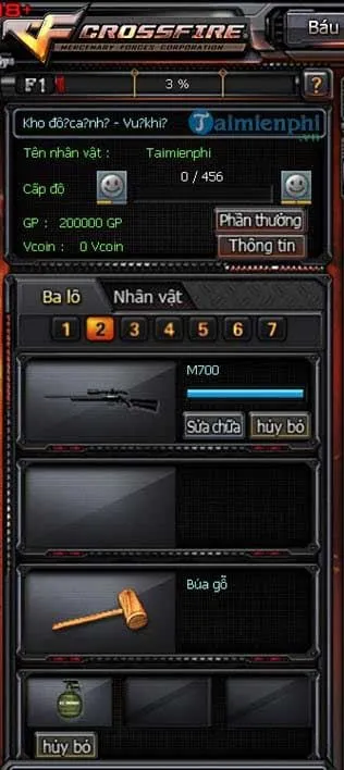 Sắp xếp vũ khí vào ba lô nhân vật trong Đột Kích