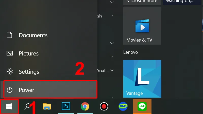 Giao diện Menu Start và nút Power trên laptop Windows 10/11