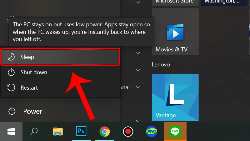 Lựa chọn chế độ Sleep trong menu nguồn của hệ điều hành Windows