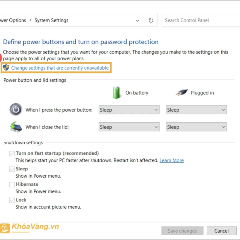 Hình ảnh chi tiết các tùy chọn trong mục Shutdown settings của hệ điều hành Windows
