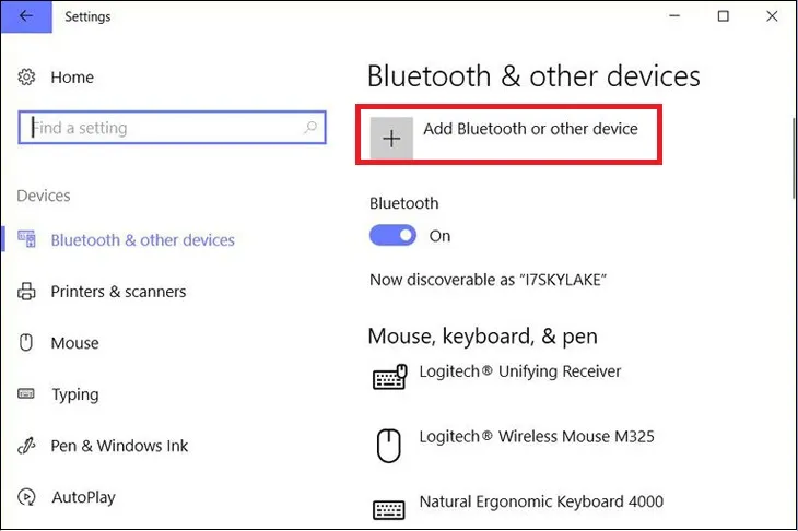 Giao diện cài đặt Bluetooth and other devices trên Windows 10/11