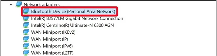 Mục Bluetooth Device hiển thị chi tiết trong phần Network adapters