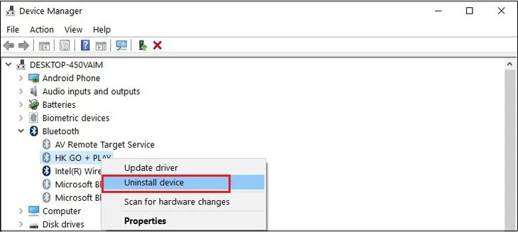Gỡ bỏ driver Bluetooth bị lỗi bằng tính năng Uninstall device