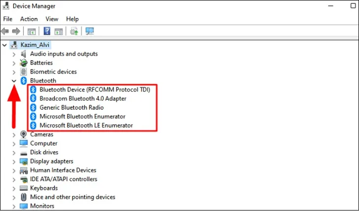 Danh sách thiết bị kết nối hiện diện trong cửa sổ Device Manager của Windows