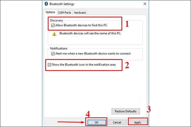 Bảng cấu hình Bluetooth Settings với tùy chọn Discovery và Notifications