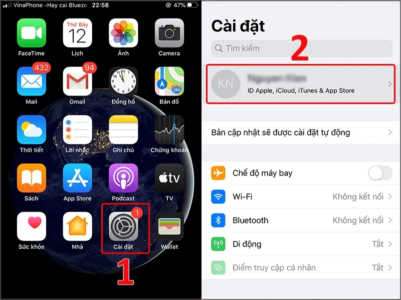 Truy cập cài đặt Apple ID trên iPhone