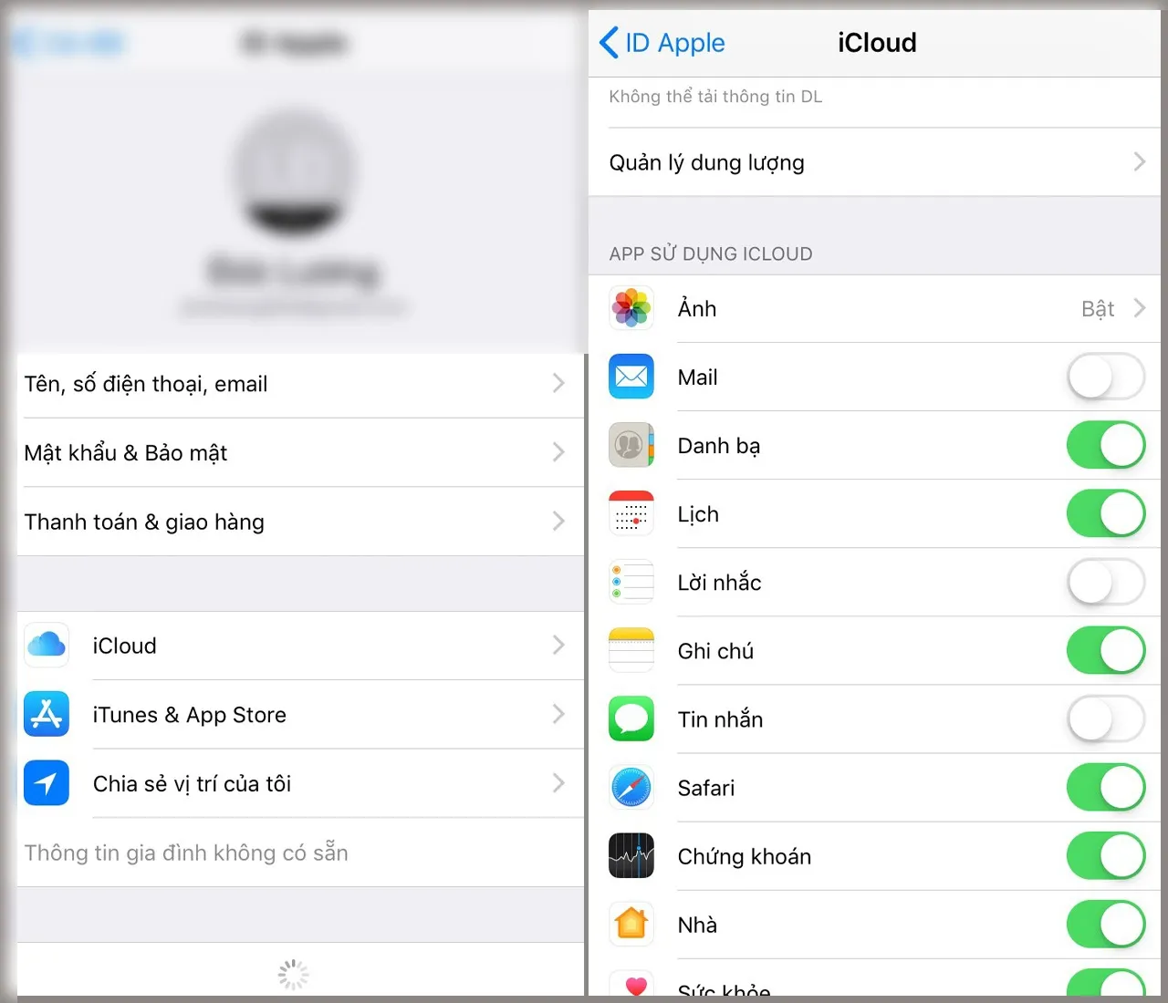Bật đồng bộ danh bạ với iCloud