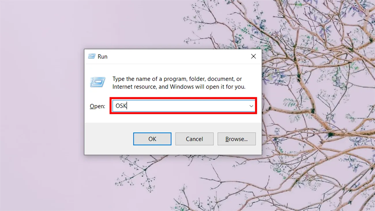 Cửa sổ Run với lệnh "osk" để mở bàn phím ảo