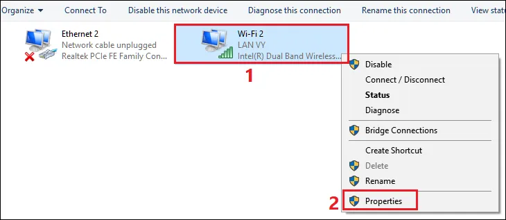 Cửa sổ thuộc tính chi tiết giúp kiểm soát quyền truy cập và chia sẻ cho card mạng không dây