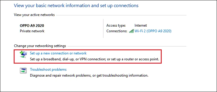 Hệ thống danh sách các tùy chọn thiết lập kết nối mới khi cấu hình mạng lần đầu cho thiết bị