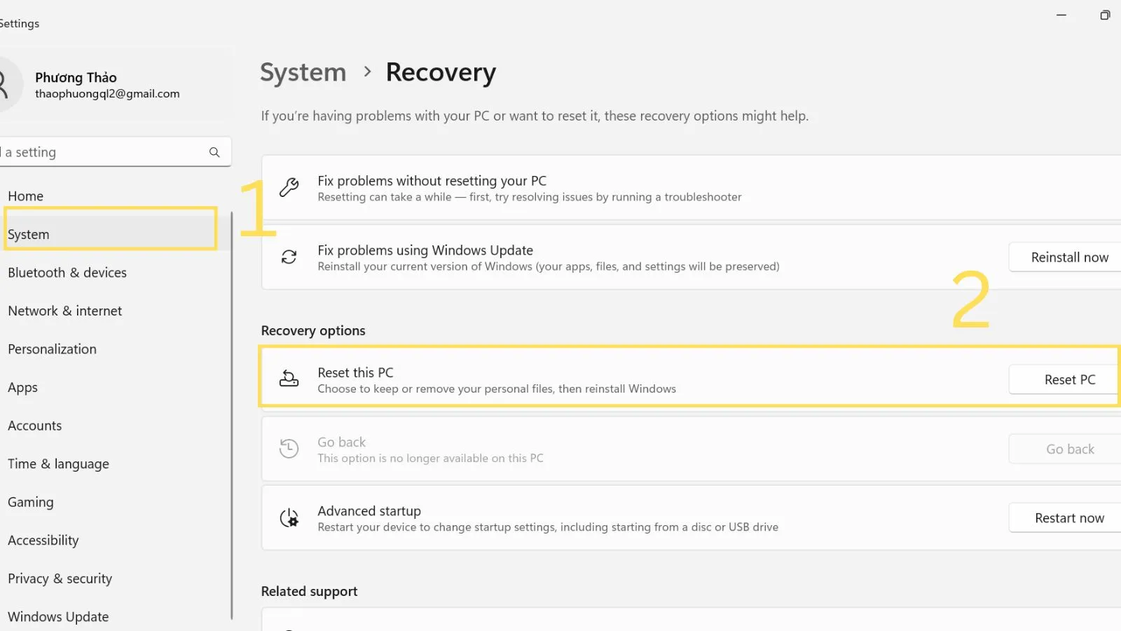 Tùy chọn Reset this PC trong phần Recovery của Windows 11