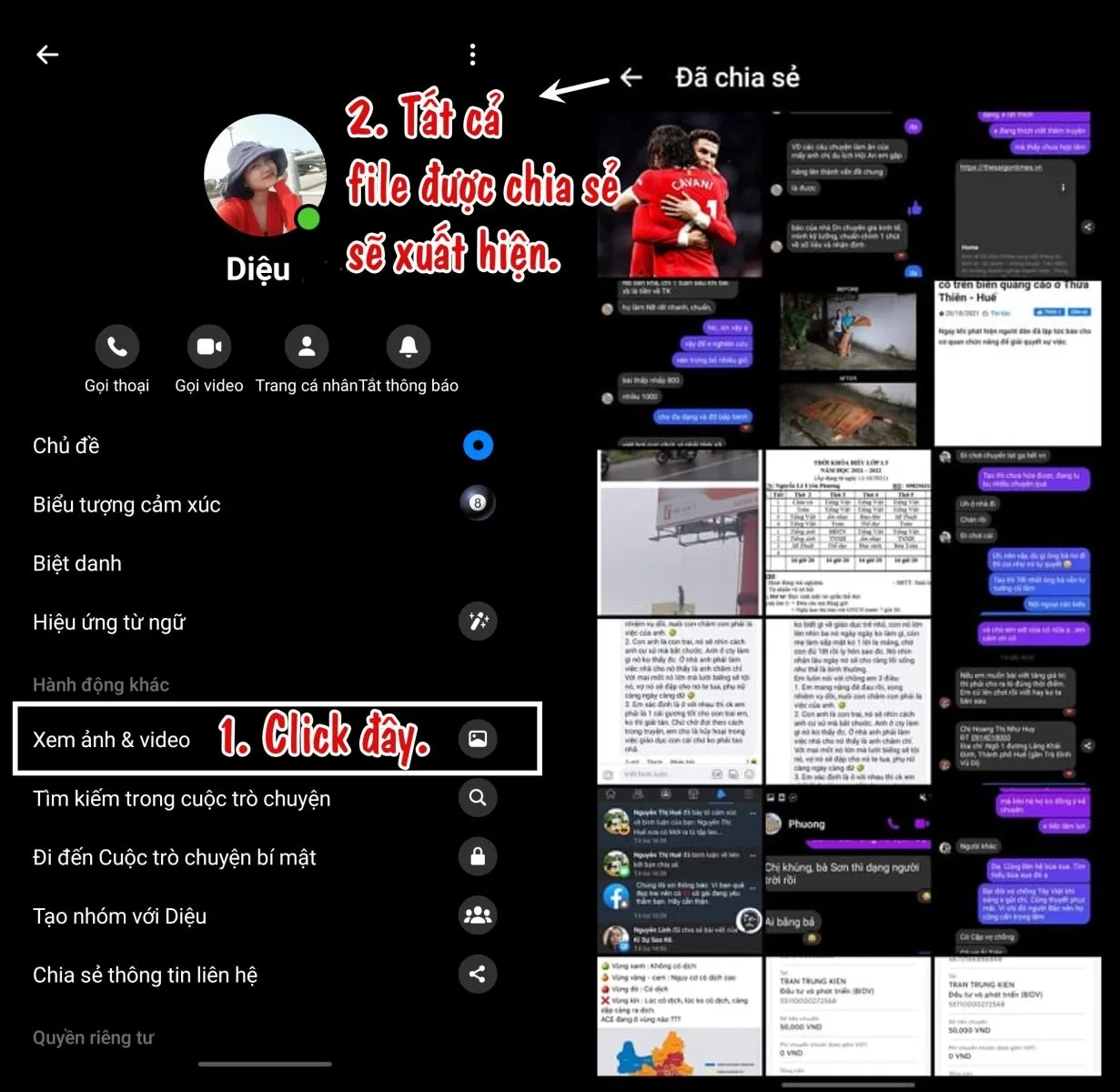 Chọn 'Xem ảnh & video' trong phần cài đặt cuộc trò chuyện trên điện thoại.