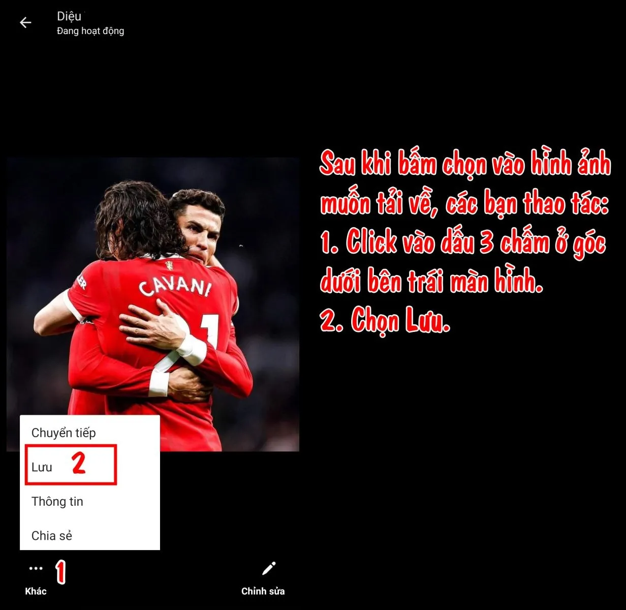 Nhấn vào biểu tượng ba chấm (...) và chọn 'Lưu' để tải ảnh về điện thoại.