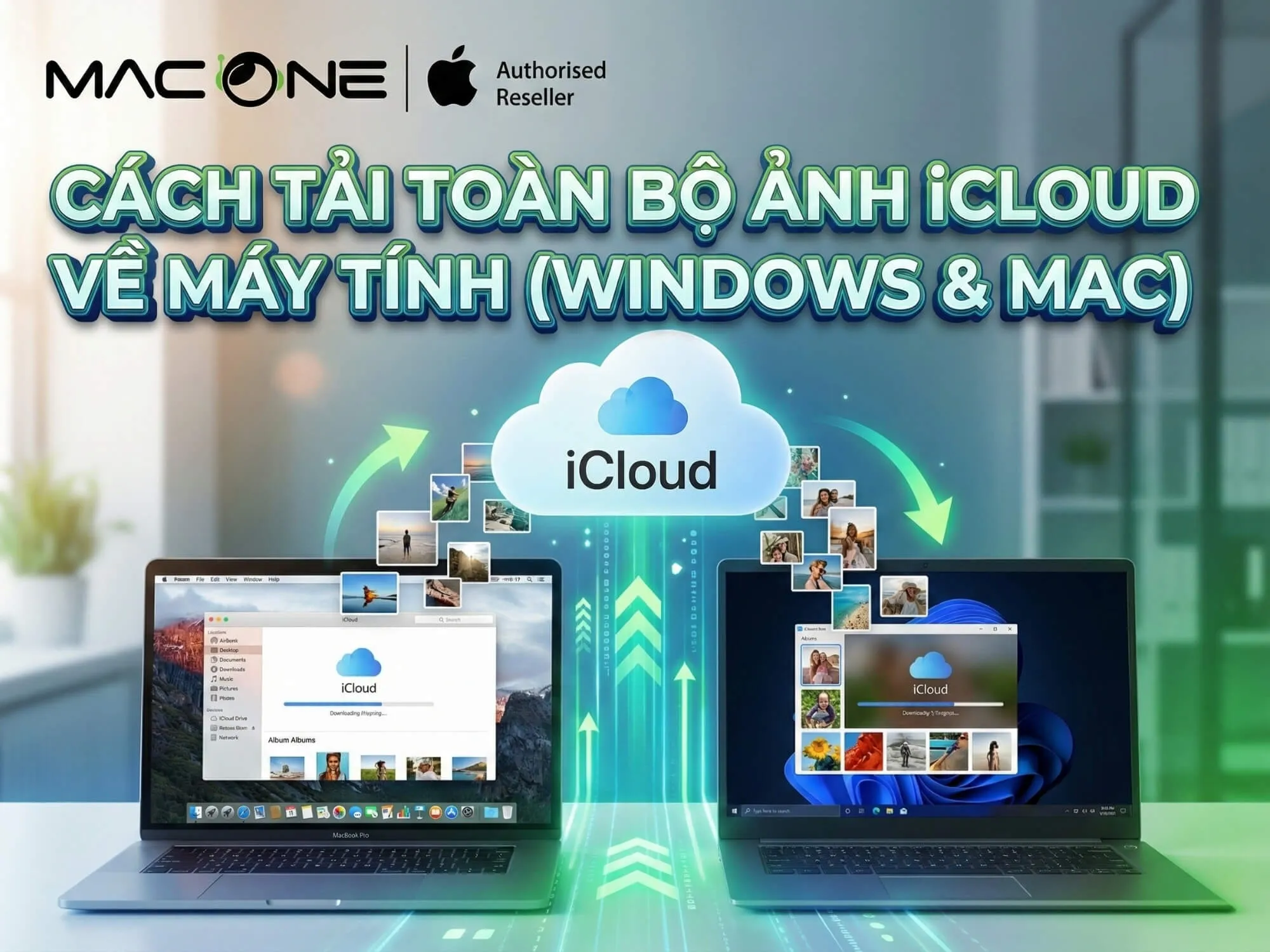 Giao diện iCloud Photos trên trình duyệt web hiển thị các tùy chọn tải ảnh về máy tính