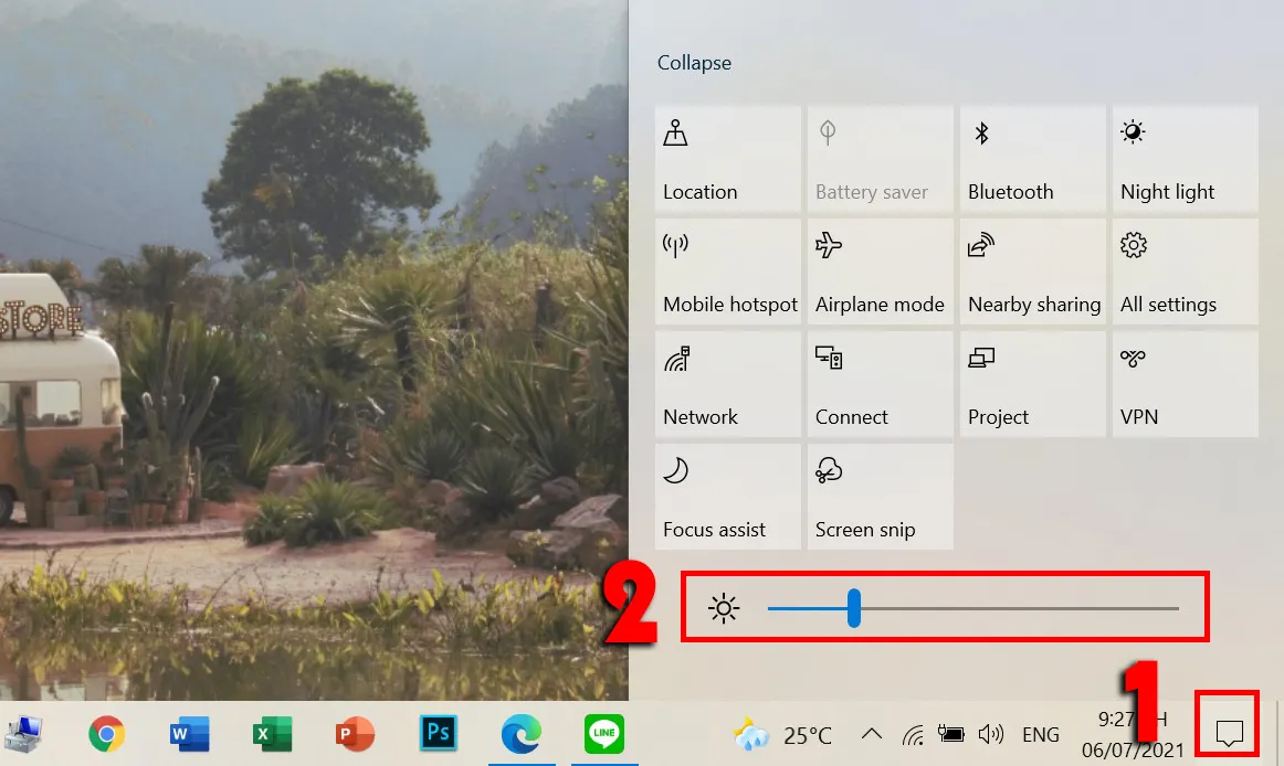 Điều chỉnh độ sáng màn hình laptop trong Action Center