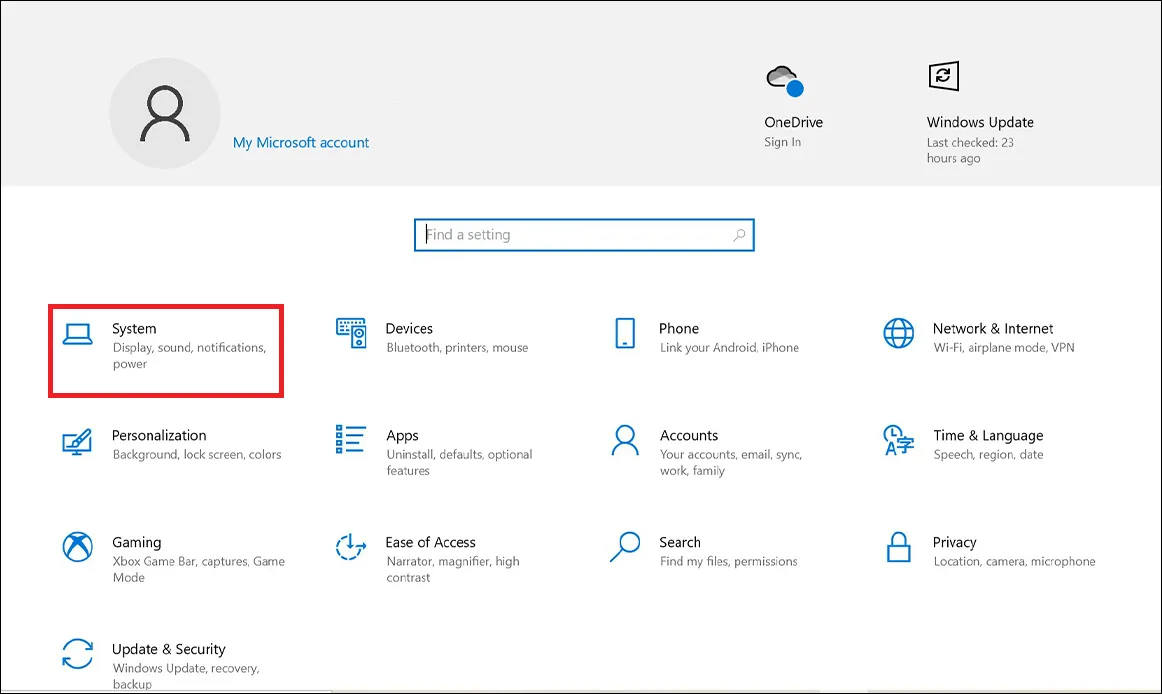 Chọn mục System trong Cài đặt Windows