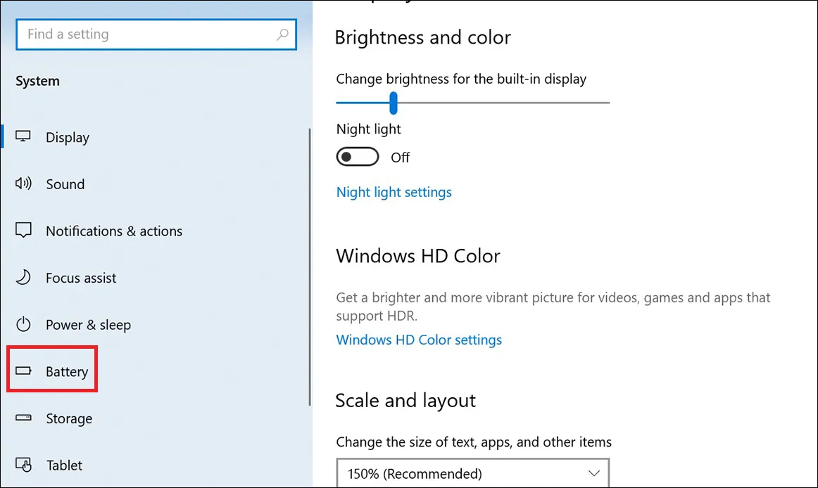 Chọn Pin (Battery) trong cài đặt System của Windows