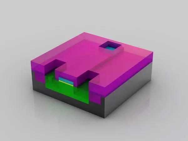 Các rãnh cách điện màu hồng được tạo ra để ngăn cách giữa các bóng bán dẫn