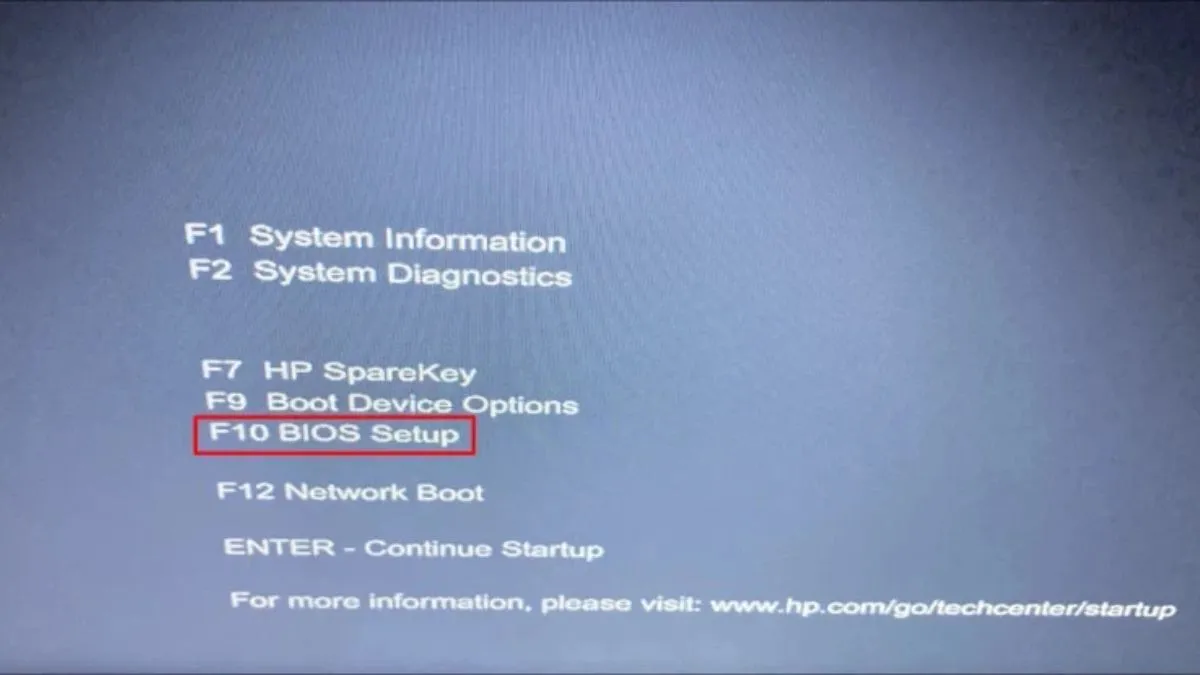 Menu khởi động với tùy chọn nhấn F10 để vào BIOS Setup trên Windows 11
