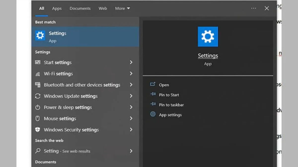 Màn hình cài đặt (Settings) của Windows 10 với biểu tượng Start Menu và nút Settings