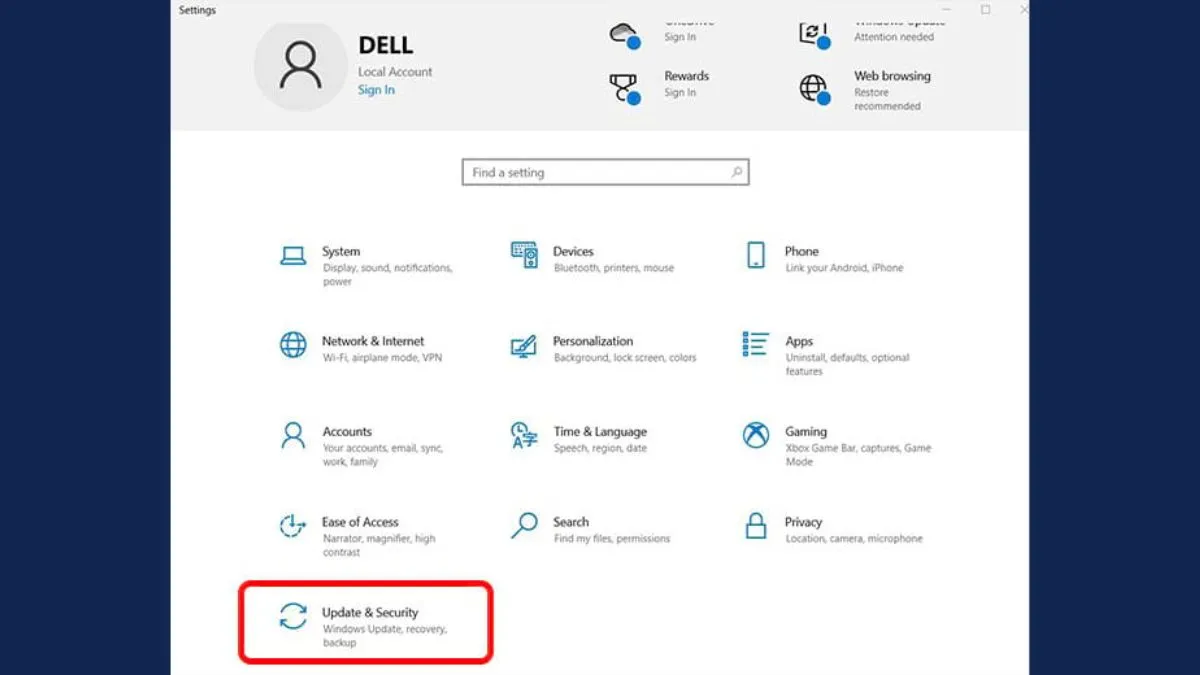 Giao diện Settings của Windows 10, chọn mục Update & Security