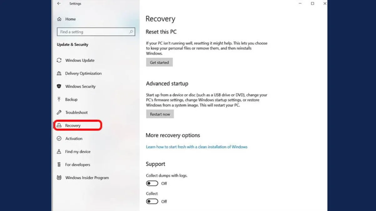 Mục Recovery trong Update & Security của Windows 10, hiển thị tùy chọn Advanced startup