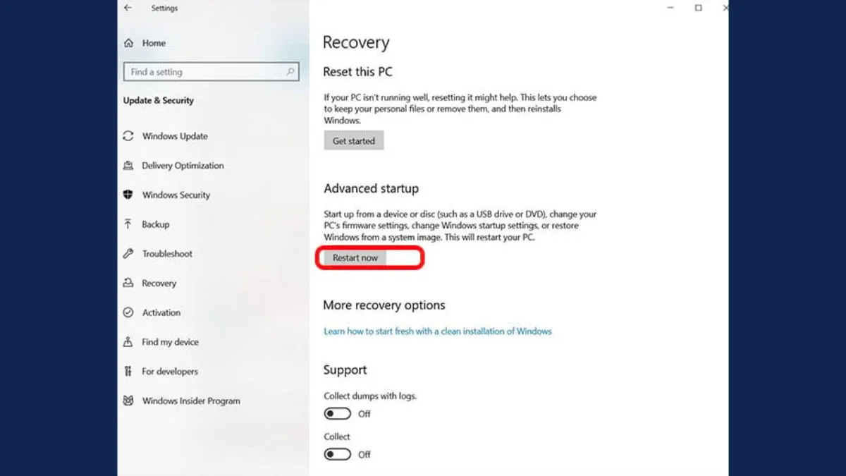 Nút Restart now trong phần Advanced startup của Windows 10
