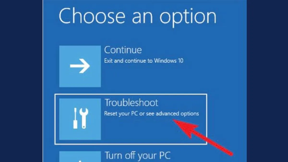 Màn hình 'Choose an option' của Windows 10 với các tùy chọn Troubleshoot, Continue, Turn off your PC