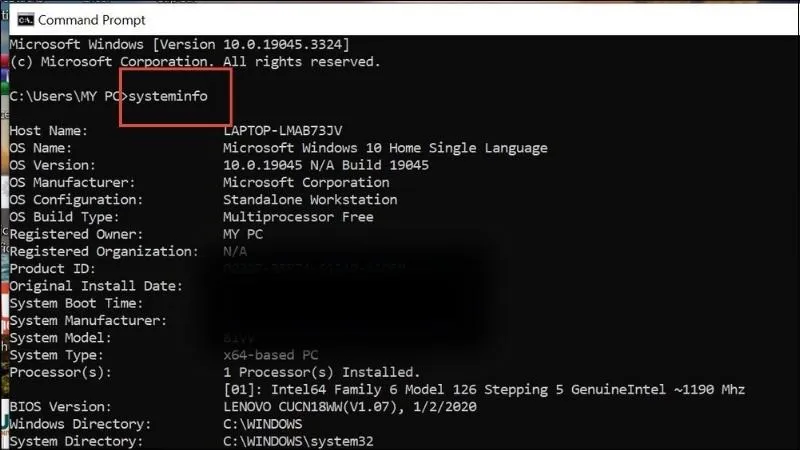 Nhập systeminfo > Nhấn chọn Enter