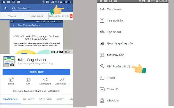 Trang Fanpage hiển thị tùy chọn Cài đặt trên máy tính