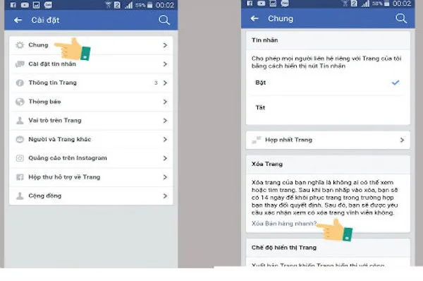 Giao diện cài đặt chung của trang, làm nổi bật tùy chọn Gỡ trang
