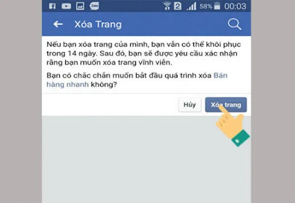 Hộp thoại xác nhận yêu cầu xóa trang vĩnh viễn trên Facebook
