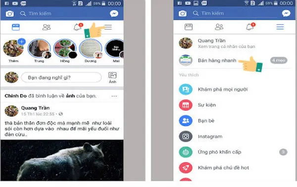 Giao diện trang Facebook cá nhân và lựa chọn truy cập Fanpage trên máy tính