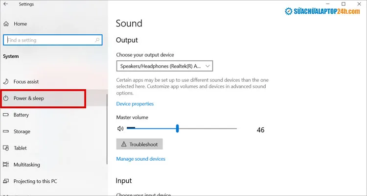 Chọn mục Power and Sleep trong menu cài đặt Windows 10
