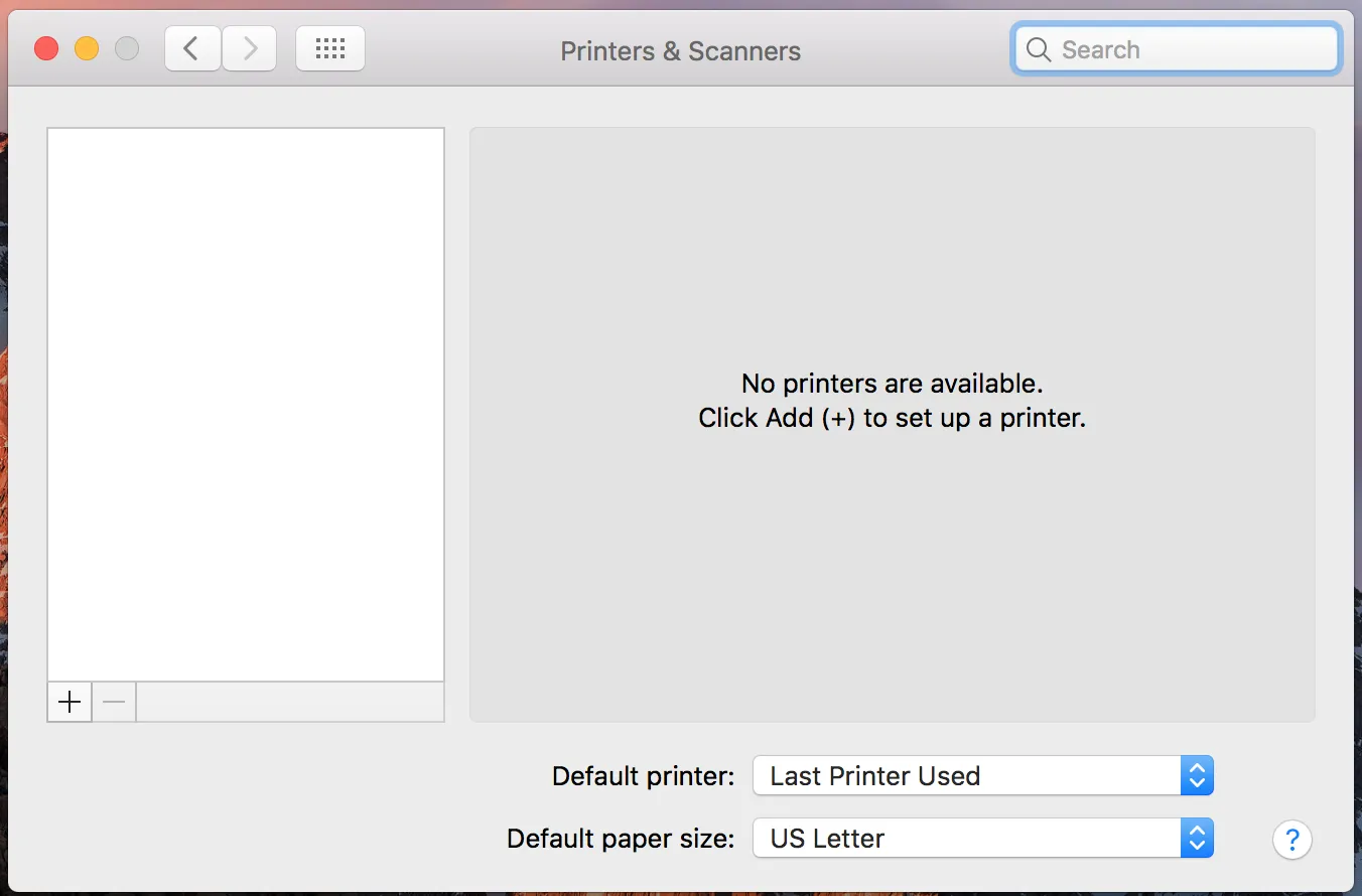 Giao diện cài đặt máy in trên hệ điều hành macOS với các tùy chọn thêm thiết bị mới