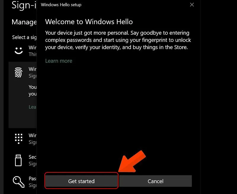 Màn hình bắt đầu thiết lập vân tay với lời chào từ Windows Hello