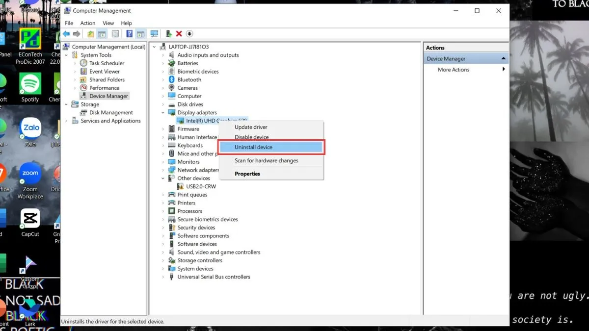 Chọn Uninstall device để gỡ driver cũ