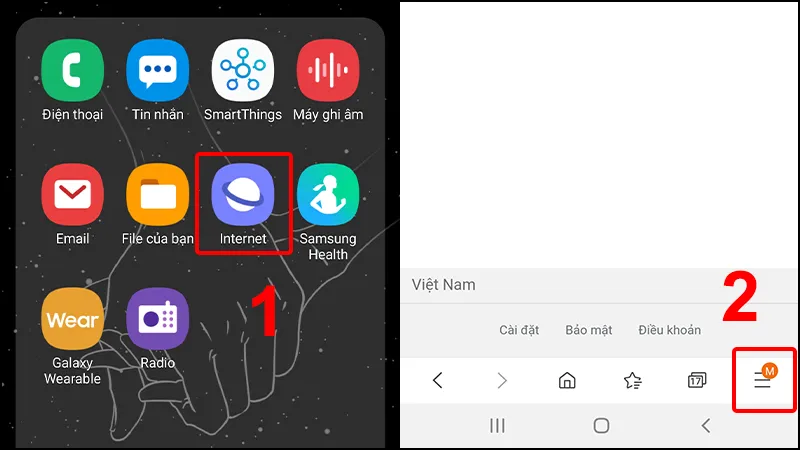 Giao diện menu cài đặt của trình duyệt Samsung Internet với biểu tượng ba gạch ngang