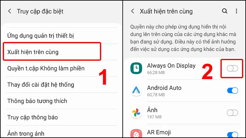 Kiểm tra và tắt quyền Xuất hiện trên cùng của các ứng dụng lạ