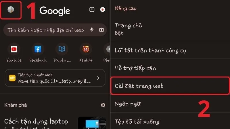 Truy cập vào mục Cài đặt trang web trong menu của trình duyệt Chrome