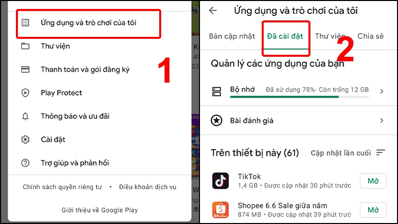 Giao diện quản lý các ứng dụng đã được cài đặt vào máy