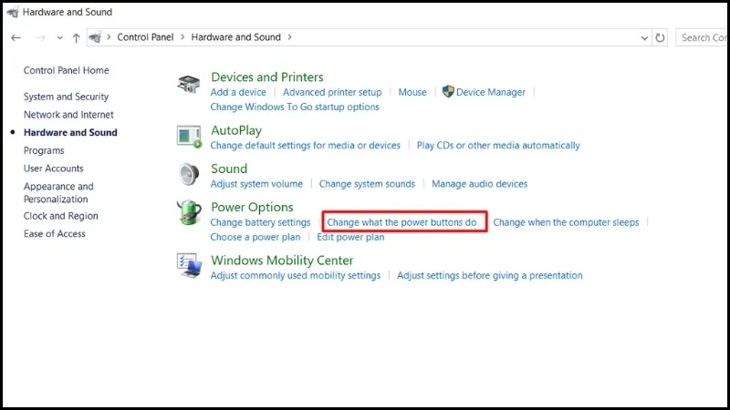 Thiết lập hành động cho phím nguồn và hành vi gập màn hình máy tính