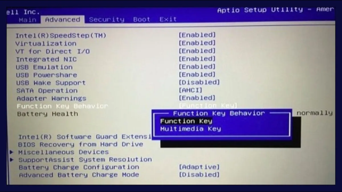 Giao diện BIOS truyền thống trên laptop HP cho phép người dùng thay đổi chế độ Action Keys Mode