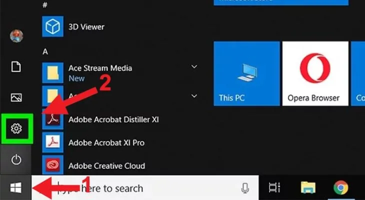 Nhấn vào nút Start và chọn Settings để mở cửa sổ cài đặt Windows