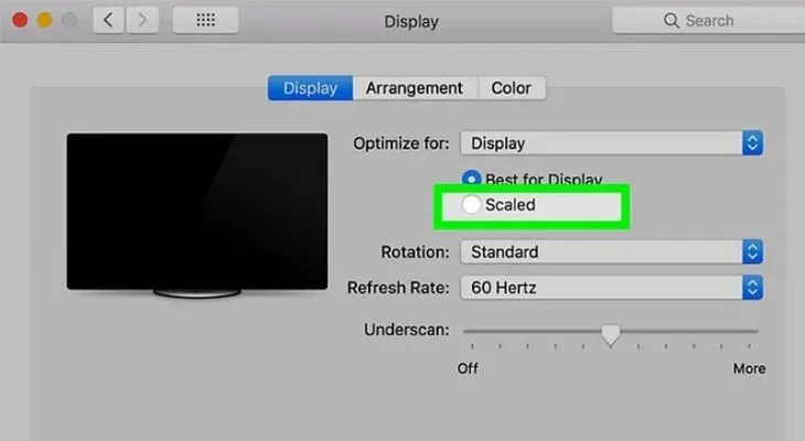 Chọn Scaled để điều chỉnh độ phân giải phù hợp cho màn hình trên macOS