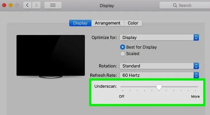 Kéo thanh trượt Underscan để chỉnh tỉ lệ màn hình trên macOS